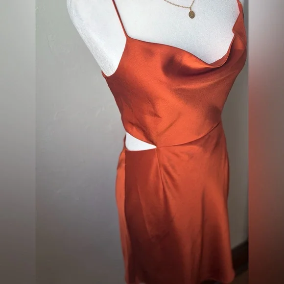 Satin Burnt Orange Cowl Neck Mini Dress Open Back Slip Date Night ACOA M - Picture 4 of 10